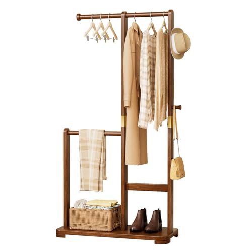 Solid Wood Coat Rack Freestanding Double Rod Clothes Rack Space Saving - color: Walnut