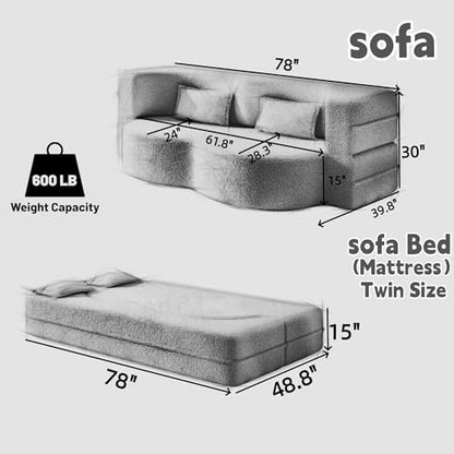 JOYBASE 78" Folding Sofa Bed, Twin Size Futon Boneless Couch, Blue | Easy Bed Conversion, No Assembly Required, Curved Backrest, Deep Seating, High-Density Foam, Matching Pillows