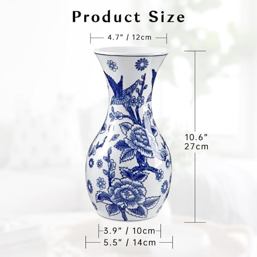Blue and White Ceramic Vase 11" Chinoiserie Flower Vase in with Mouth | Hand-Painted Bird & Floral Pattern, Triple-Fired Glazed Ceramic, Decorative Chinoiserie Decor for Home Bookshelf Side Table - color: #Birds & Floral Texture