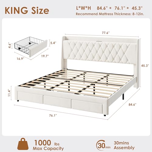Garvee King Size Bed Frame with Storage, Velvet Upholstered Platform Bed Frame with Crystal Tufted Headboard, Charging Station, 3 Drawers, No Box Spring Needed, Noise-Free,for Bedroom, Ivory | Velvet Upholstered Platform Bed Frame with Crystal Tufted Head