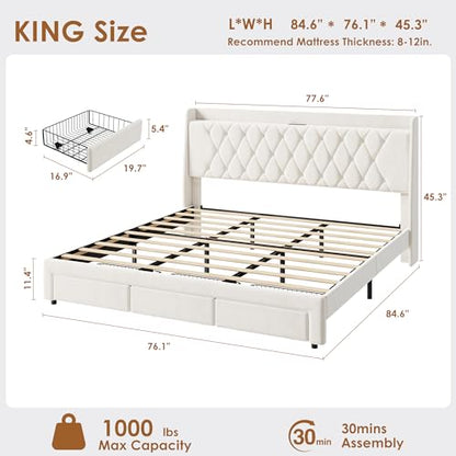 Garvee King Size Bed Frame with Storage, Velvet Upholstered Platform Bed Frame with Crystal Tufted Headboard, Charging Station, 3 Drawers, No Box Spring Needed, Noise-Free,for Bedroom, Ivory | Velvet Upholstered Platform Bed Frame with Crystal Tufted Head