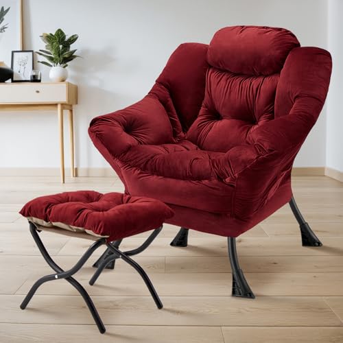 Lazy Chair with Folding Ottoman Modern Large Accent Chair,Contemporary Lounge Leisure Sofa Chair with Armrests Upholstered Sofa Armchair Reading Chair for Bedroom,Dorm&Office (Dusty Rose-f) - color: Dusty Rose