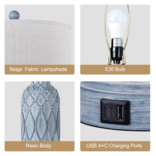 Farmhouse Lamps for Bedroom Set of 2, 28" Rustic Lamps for Living Room with USB Ports, 3-Way Dimmable Nightstand Table Lamp (Bulbs Included) - color: 3.Blue