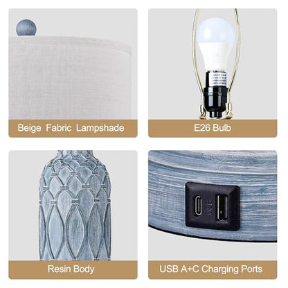 Farmhouse Lamps for Bedroom Set of 2, 28" Rustic Lamps for Living Room with USB Ports, 3-Way Dimmable Nightstand Table Lamp (Bulbs Included) - color: 3.Blue
