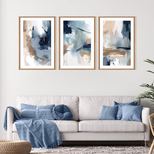 LHIUEM Large Abstract Navy Blue Framed Canvas Wall Art,Neutral Brush Stroke Wall Decor,Modern Pastel Brown Wall Painting,Minimalist Shapes Artwork for Living Room,Bedroom,Office- 16"x24"x3 - color: Modern Blue and Brown Wall Art, size: 16''x24''x3