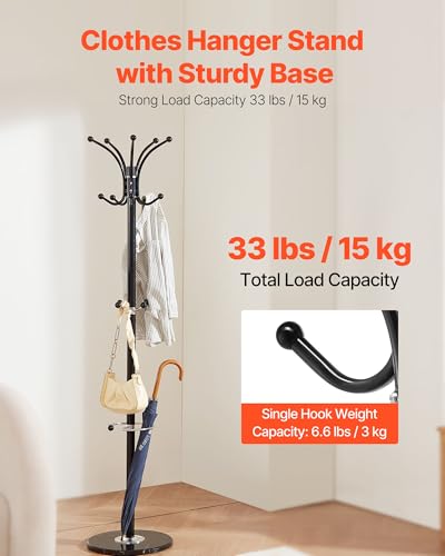 VEVOR Freestanding Coat Rack, Metal Coats Rack Stand with Umbrella Holder, Stable Marble Base & 14 Hooks, Hall Coat Tree for Entryway, Bedroom, Living Room, Stylish Coats Hanger for Hats, Scarves, Bag - style: with Umbrella Holder