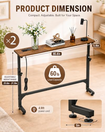 2Pack Behind Couch Table w/Charging Station Narrow Console Table | Adjustable Height(23.6"-31.9"), 5.9"Wx78.8"L, Slim Long Sofa Table, 2 Power Outlets, for Living Room, Entryway, Rustic Brown