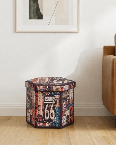 B FSOBEIIALEO Route 66 Storage Ottoman Hexagonal, Faux Leather Foot Rest Seat for Living Room, Storage Organizer 16.93"x15"x15" - size: 16.93*15*15 inches