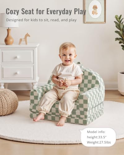 Blissful Diary Kids Couch, 2-in-1 Soft Kids Sofa, Kids Sofa Chair, Comfy Kids Furniture for Playroom, Reading & Play, Checkered Sage - color: Checkered Sage