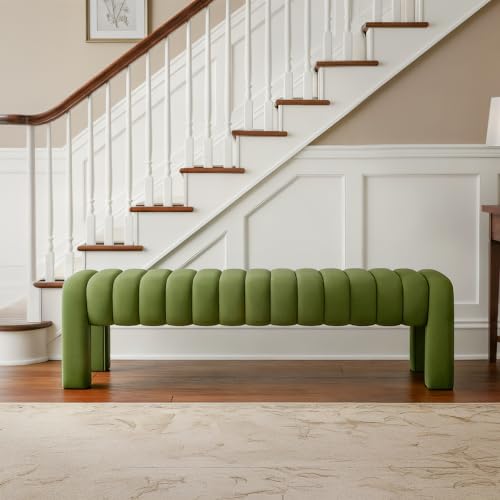 63” Dining Room Bench, Olive Green Tufted Upholstered End of Bed Bench, Modern Entryway Ottoman Window Seat with Solid Wood Legs and Padded Seat for Bedroom, Hallway and Living Room (Velvet) - color: Olive Green Velvet, size: 63"