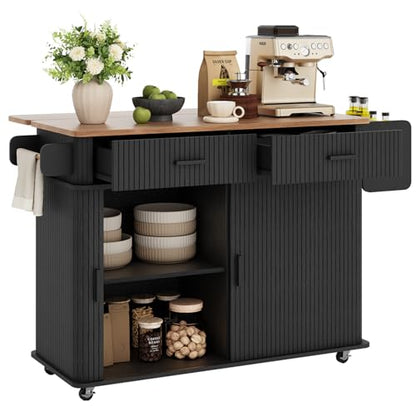 56" Kitchen Island on Wheels with Drop Leaf Countertop, Large Mobile Island Table with 2 Drawers and Spice Rack and Tower Rack, Mid-Century Modern Island Cart with Storage for Kitchen, Black - color: Black