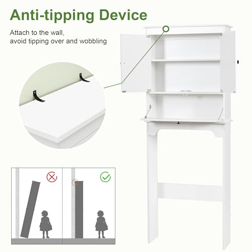 Over The Toilet Storage Cabinet, White | Over Toilet Bathroom Organizer, Freestanding Bathroom Cabinet Over Toilet with Double Doors and Adjustable Shelf