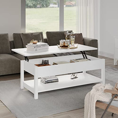 Panana Lift Top Coffee Table with Hidden Compartment and Open Shelf, Lift Tabletop Pop-Up Coffee Table for Living Room, 45.28" L, White - color: White