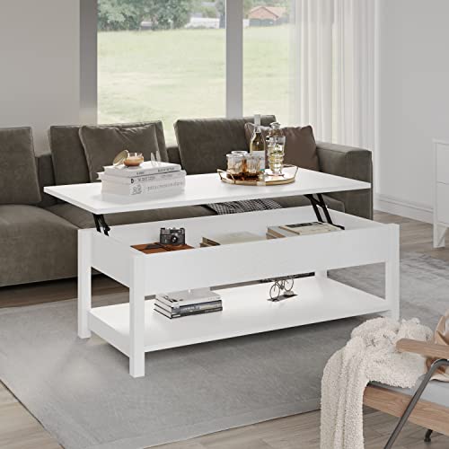 Panana Lift Top Coffee Table with Hidden Compartment and Open Shelf, Lift Tabletop Pop-Up Coffee Table for Living Room, 45.28" L, White - color: White