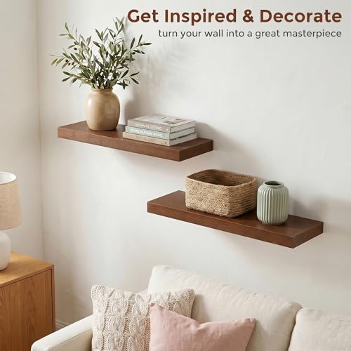 fuqing 20 Inch Floating Shelves 6.7'' Deep Dark Wood Wall Shelves Set of 2 | 20'' x 6.7'' x 1.4'' Rustic Wood Shelves for Bathroom, Living Room, 35LBS, Lightweight, Hardware Included, Waterproof Finish - color: Walnut, size: 20 Inch
