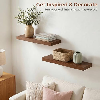 fuqing 20 Inch Floating Shelves 6.7'' Deep Dark Wood Wall Shelves Set of 2 | 20'' x 6.7'' x 1.4'' Rustic Wood Shelves for Bathroom, Living Room, 35LBS, Lightweight, Hardware Included, Waterproof Finish - color: Walnut, size: 20 Inch