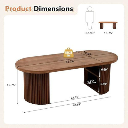 Oval Fluted Coffee Table, 47" Farmhouse Wood Coffee Table Mid Century Modern Center Table Boho Living Room Tables for Living Room Office,Walnut - color: Walnut, size: 19.69"D x47.2"W x 15.74"H