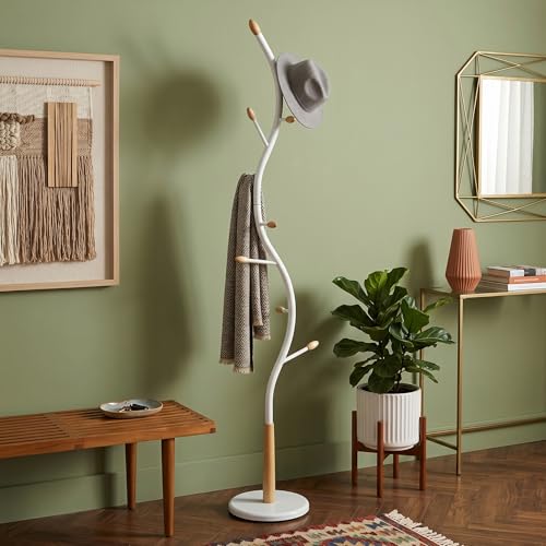 Roundhill Furniture Arles Metal Whtie and Oak Standing Coat Rack - color: White