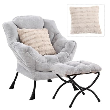 Lazy Chair with Ottoman, Plush Reading Chair with Pillow，Grey | Removable machine-washable cover; includes an extra throw pillow; cozy accent chair for living room, bedroom, dorm or office - color: Plush Light Grey