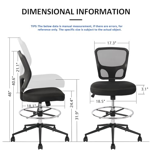 Armless Drafting Chair Tall Office Chair Adjustable Height High Back Ergonomic Desk Chair Drafting Stool Rolling Bar Stools Chairs with Footrest and Wheels - color: Black