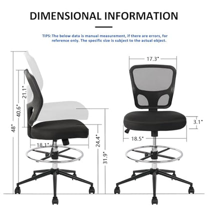 Armless Drafting Chair Tall Office Chair Adjustable Height High Back Ergonomic Desk Chair Drafting Stool Rolling Bar Stools Chairs with Footrest and Wheels - color: Black