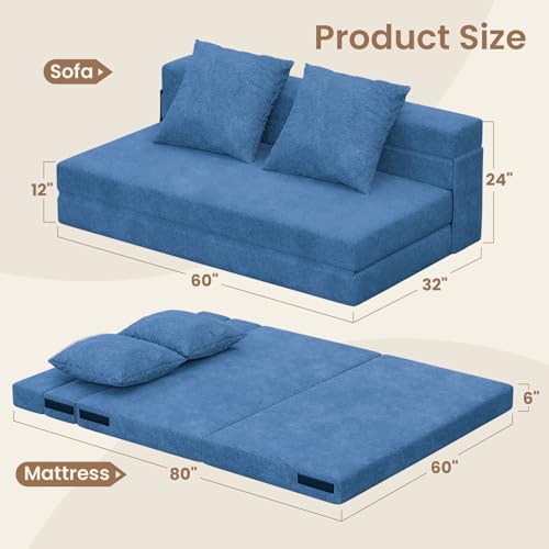 5-in-1 Convertible Folding Sofa Bed Sleeper Chair - Queen, Navy Blue | 60" Fold Out Chair Bed Futon Couch with Pillows, Foldable Floor Mattress for Living Room/Dorm/Guest Use/Home Office/Apartment - color: Navy Blue, size: Queen
