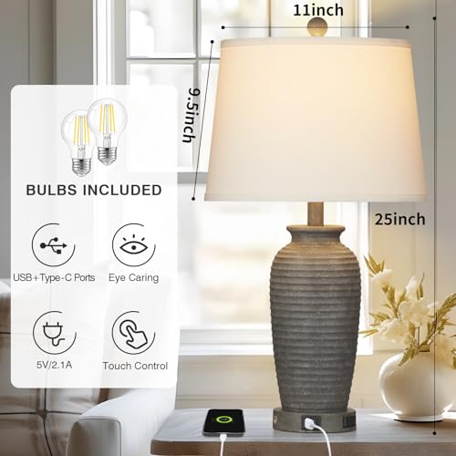 CINSARY 25" Farmhouse Jar Table Lamps Set of 2, 3 Way Touch Control Rustic Bedside Lamps with USB A+C Ports & AC Outlet, Pot Nightstand Lamps for Bedroom Living Room (LED Bulbs Included) - color: Gray