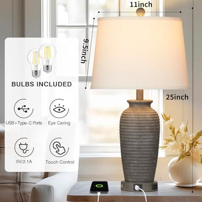CINSARY 25" Farmhouse Jar Table Lamps Set of 2, 3 Way Touch Control Rustic Bedside Lamps with USB A+C Ports & AC Outlet, Pot Nightstand Lamps for Bedroom Living Room (LED Bulbs Included) - color: Gray
