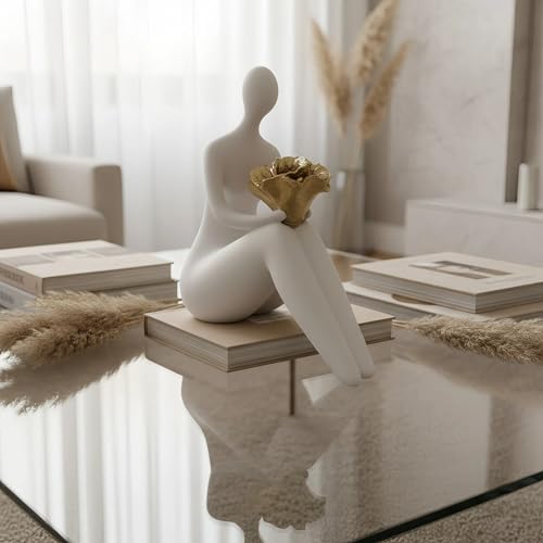 Lescafita White Abstract Figure Statue with Flowers, Modern Resin Sculpture for Home Decor, Minimalist Figurine Art for Living Room, Office Desk, Gift for Art Lovers - color: W1