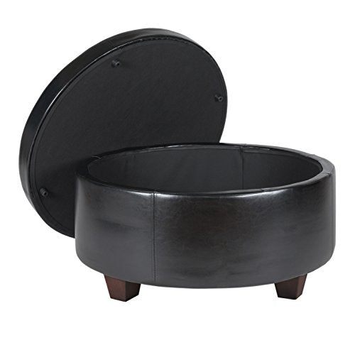 HomePop 32" Large Tufted Round Storage Ottoman - Black Faux Leather - color: Black Faux Leather