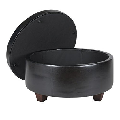 HomePop 32" Large Tufted Round Storage Ottoman - Black Faux Leather - color: Black Faux Leather