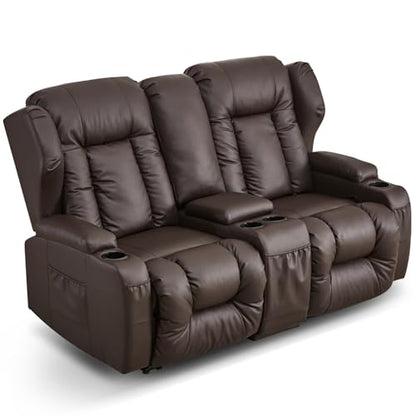 Loveseat Recliner Sofa,RV Wall Hugger Recliners with Console,Reclining Loveseat Sofa Recliner with Cup Holders/Lumbar Pillows for Small Spaces,RV Furniture (Brown,66" 2-Seater) - color: Brown, size: 66" 2-Seater