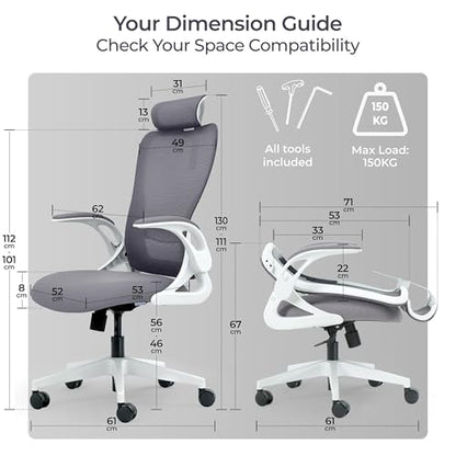 Tervo Model U | Folding Office Chair for Small Spaces | Ergonomic Design with High Rebound Mesh | Computer Desk Chair for Gaming | For Adults & Kids | Foldable & Compact with Flip Up Arms