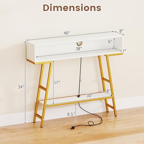 GIANTEX Modern Console Table with Charging Station & LED Lights | 40" Entryway Table with Storage Shelves, 3-Tier Display Shelf for Small Space, Sofa Table for Living Room, White & Gold - color: White + Gold