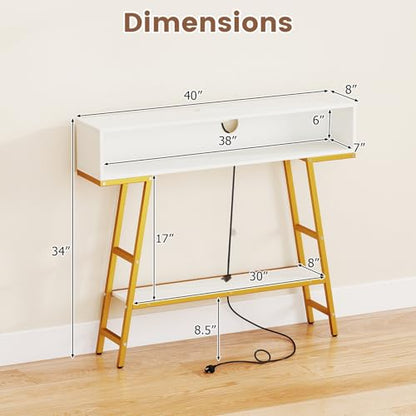 GIANTEX Modern Console Table with Charging Station & LED Lights | 40" Entryway Table with Storage Shelves, 3-Tier Display Shelf for Small Space, Sofa Table for Living Room, White & Gold - color: White + Gold