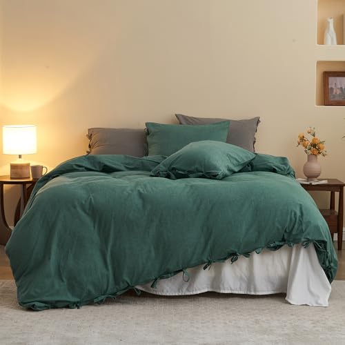 BISELINA 100% Washed Cotton Duvet Cover Set 3pcs with Bowknot Ties Strap Solid Color Linen Like Textured Durable Breathable Soft Comfy Chic Bedding (Twin, Dark Green) - color: Dark Green, size: Twin