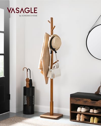 VASAGLE Solid Wood Coat Rack, Free Standing Hall Coat Tree with 8 Hooks, 3 Height Options, for Coats, Hats, Bags, Purses, for Entryway, Hallway, Rubberwood Hooks and Pole, Dark Walnut URCR010W01 - color: Dark Walnut, style: Square Base + Cylindrical Hooks