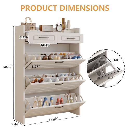 Lakifun Shoe Cabinet for Entryway, Narrow Shoe Storage Cabinet with 3 Flip Drawers and 2 Top Drawers, Modern Shoe Rack Organizer Cabinet for Hallway, Apartment, Living Room, Dark White - color: Dark White