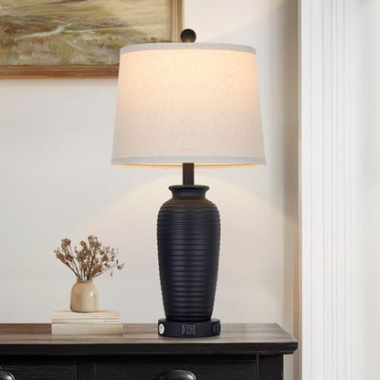 CINSARY 25" Retro Black Farmhouse Jar Table Lamps, 3 Way Touch Control Rustic Bedside Lamps with USB A+C Ports & AC Outlet, Pot Nightstand Lamps for Bedroom Living Room (LED Bulbs Included) - color: Retro Black-1Pack