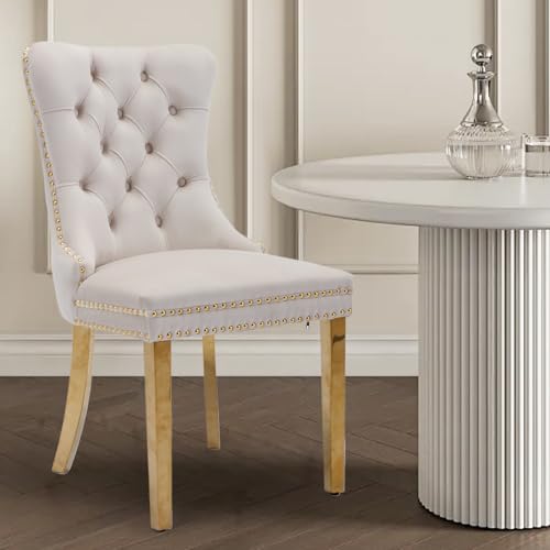 Velvet Upholstered Dining Chairs Set of 6, Modern Style Kitchen Side Chairs with Nailhead Trim and Gold Plated Leg, Metal Pulling Ring for Dining Room Living Room(Beige-Gold Plated Leg) - color: Beige-gold Plated Leg, size: Set of 6