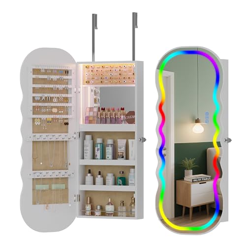 HNEBC LED Mirror Jewelry Cabinet with RGB Lights,42.5" Wall Mounted Jewelry Organizer with Full-Length Mirror,Over The Door Hanging Jewelry Armoire Storage Cabinet,Lockable,Wide Wavy Mirror - color: RGB-White