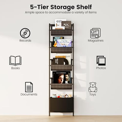 Homeiju Wall Mounted Kids Bookshelf with Storage Bin, 5-Tier Ladder Shelf, Suitable for Books, Toys, Magazines, Documents, Albums, Black - color: Black