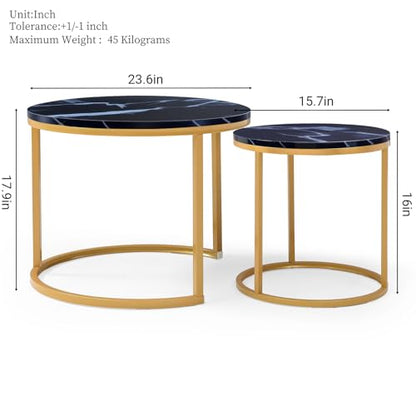 Nesting Coffee Table Set of 2 for Small Spaces, 23.6" Round Coffee Table with Marble Pattern Wood Top & Golden Metal Frame, Modern End Side Tables for Living Room, Apartment - color: Black, Gold