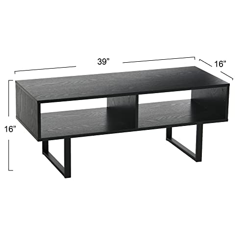 Household Essentials TV Stand Coffee Table with Rectangular Storage Compartments in Oak Wood Grain and Black Metal Frame, Black - color: Black