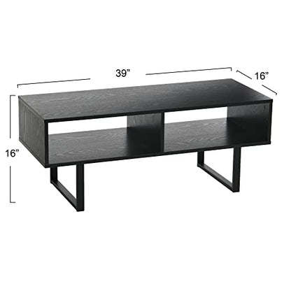 Household Essentials TV Stand Coffee Table with Rectangular Storage Compartments in Oak Wood Grain and Black Metal Frame, Black - color: Black