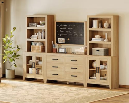 WAMPAT Farmhouse Entertainment Center with Bookshelves, TV Stand Set with Glass Doors & 6 Drawers, Wood Media Console for Living Room, Bedroom, Oak - color: Oak