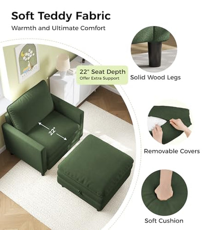 Welzona 3-Layers Cloud Accent Chair with Ottoman, 33" Teddy Reading Chair | Comfy Teddy Fabric, Washable Covers, Tool-Free Setup, All-wood Arm Chair and Ottoman Sets for Living Room, Bedroom, Green - color: Green, size: cloud chair & ottoman