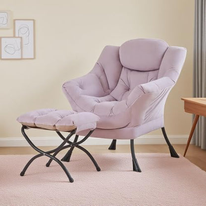 Lazy Chair with Ottoman, Comfy Reading Accent Chair, Light Purple | Foldable Footrest, Padded Seat and Backrest, Side Pocket for Lounging in Living Rooms, Bedrooms, Dorms and Small Spaces - color: Light Purple
