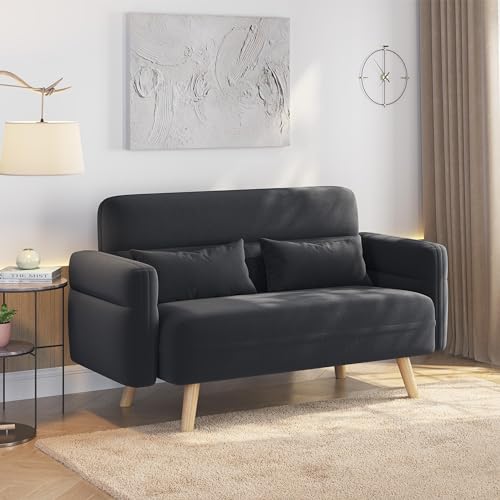 Yaheetech 46" Small Sofa Compact Modern Couch with Wood Legs, Dark Gray | Loveseat Small Sofa in Fabric 2 Seater Couch Features Wood Legs, Lumbar Pillows, Easy Assembly for Living Room, Bedroom, Dorm - color: Dark Gray