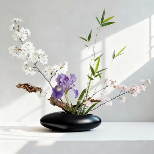 Flower Frog Vase Kit, 2-Inch Brass Florist Frog for Arrangements and Ceramic Water Drop Pot, Elegant Ikebana Flower Holder for Cut Flowers, Floral Decor Kit (Black Large Size) - color: Black, size: Large Size